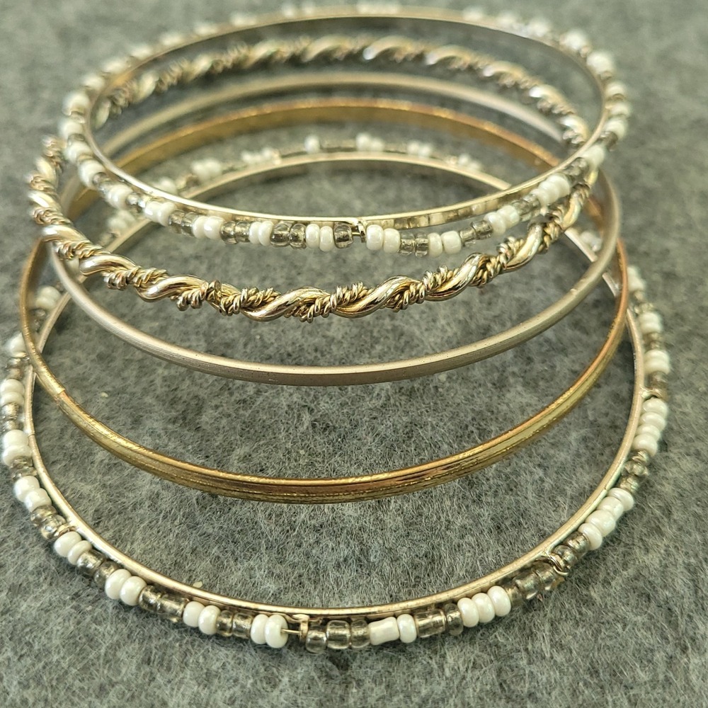 Mixed-Metal Bangle Bracelet Lot of 5 Beaded Rope Gold Silver Tone